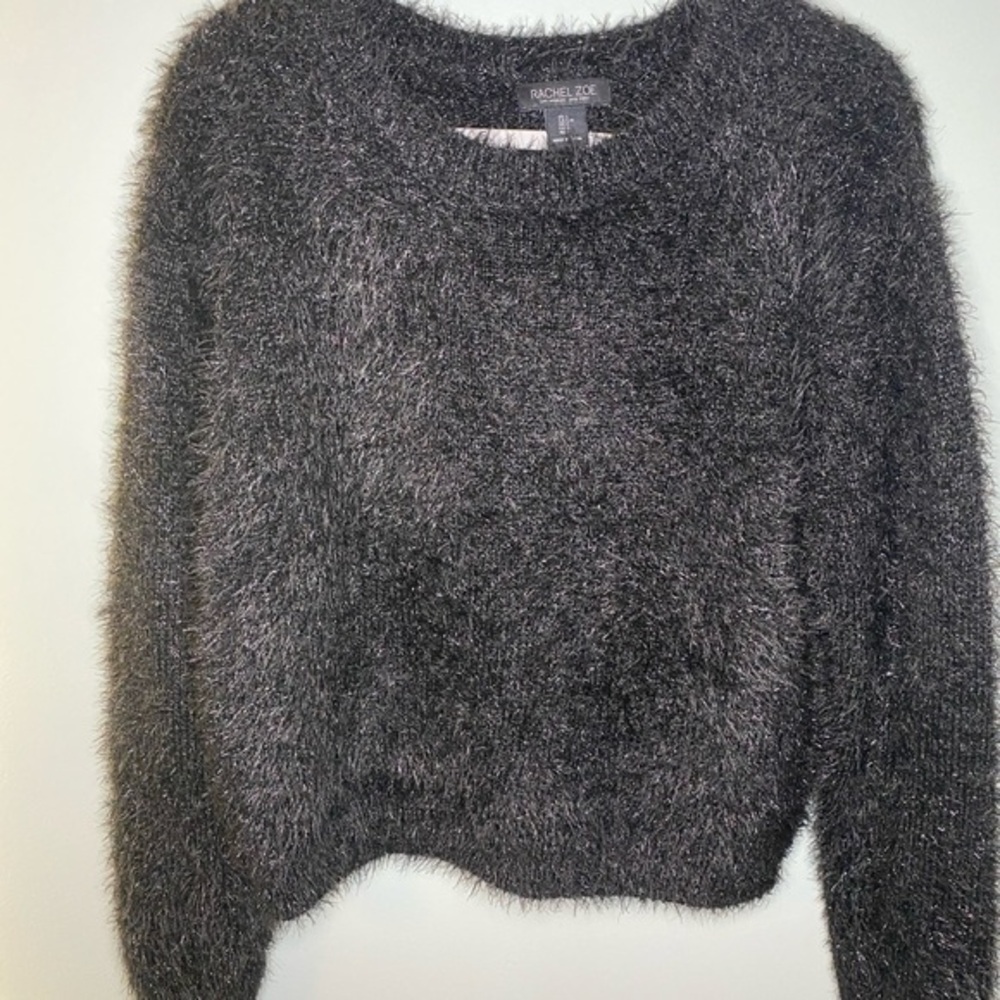 Rachel Zoe Black Fuzzy Cropped Pullover Sweater Women’s LARGE